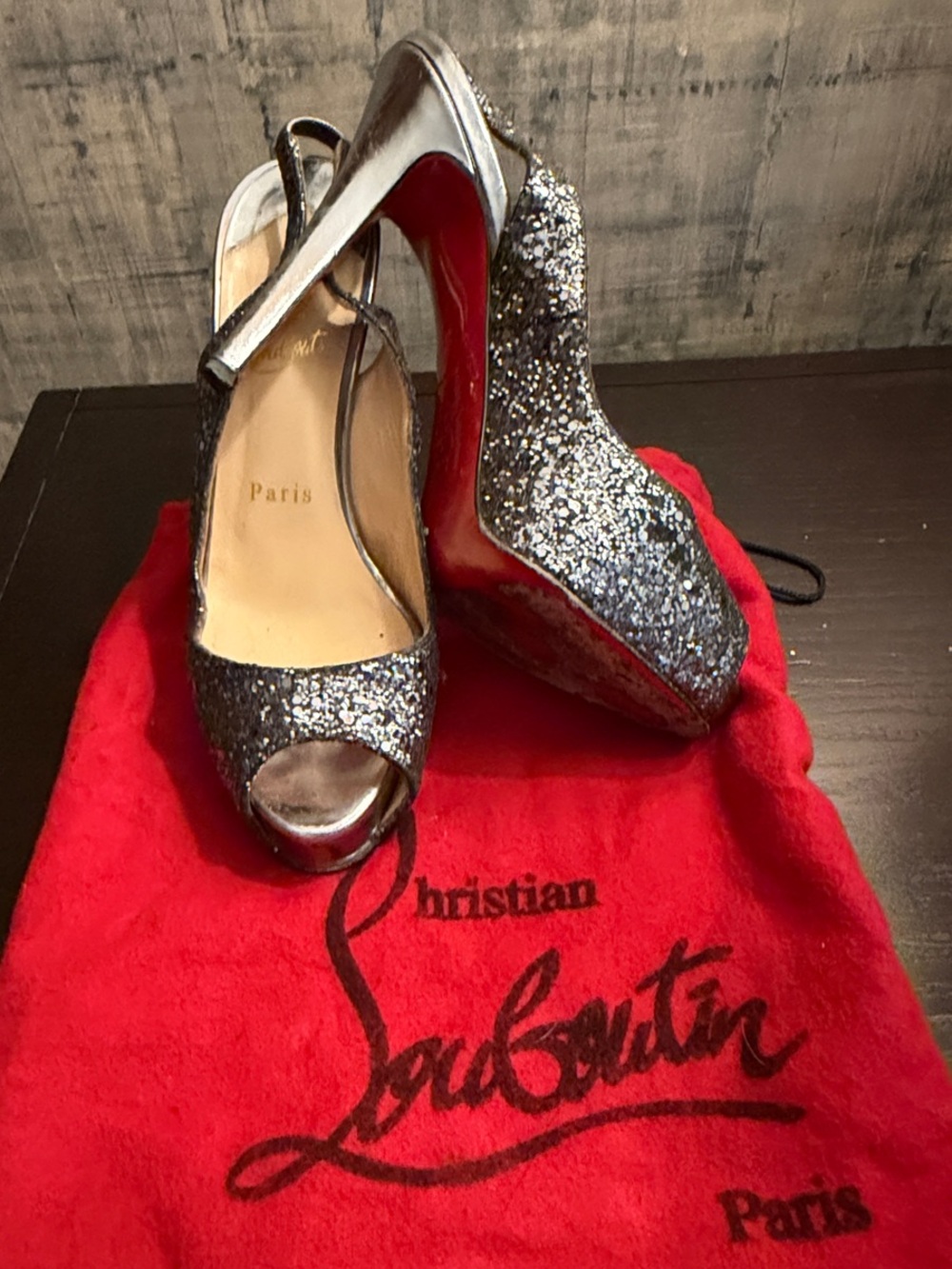 Christian Louboutin Silver Glitter Peep-Toe Platform Slingbacks